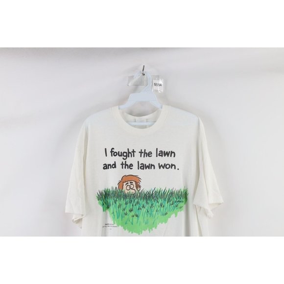 Vintage 90s Streetwear XL I Fought The Lawn and the Lawn Won Cartoon T-Shirt USA - Picture 2 of 16